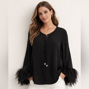 Zara Black Long-Sleeve Blouse with Feather Cuffs